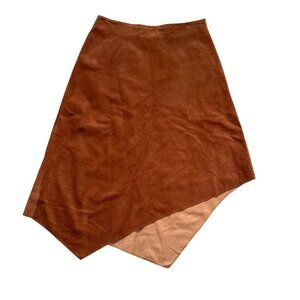 Kay Unger Women's Midi Skirt Sz 10 Rust Brown Suede Leather Asymmetrical Hem